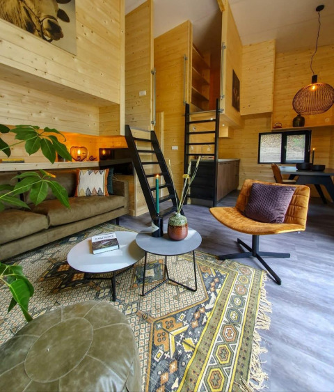 Gemütliches Wohnzimmer im Tiny House in Bad Hulckesteijn, Niederlande, mit Holzwänden und modernem Interieur.