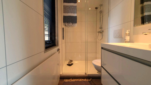 Petite salle de bain moderne au Tiny House de Bad Hulckesteijn, Pays-Bas, avec douche et fenêtre.