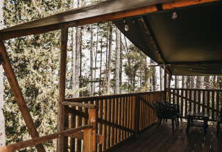 Veranda di legno con tetto tenda scuro, sedie e tavolo in plastica, tra pini alti in Italia.