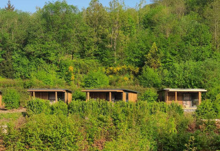 Tres cabañas de madera entre la vegetación en Huttopia Vallée de la Semois, Namur, Bélgica, bajo un cielo azul.