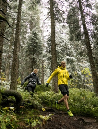 Dos personas corren por un sendero forestal cerca de Ieper, Bélgica, rodeados de vegetación y altos árboles.