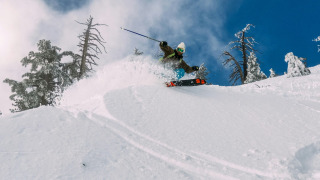 Skieur dévalant une pente enneigée, entouré d'arbres givrés sous un ciel bleu éclatant en hiver.