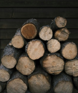 Una pila de troncos cortados junto a una pared de madera en un parque vacacional con glamping.