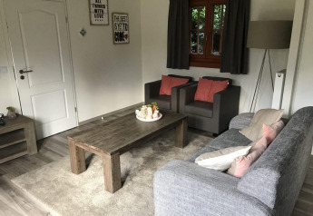 Stue på Boekhorst 4 lodgen i De Achterhoek, Holland, med grå sofa, træbord og hyggelig indretning.