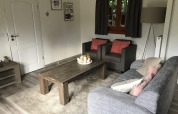 Living room at Boekhorst 4 lodge in De Achterhoek, Netherlands, with gray sofa, wooden table and modern decor.
