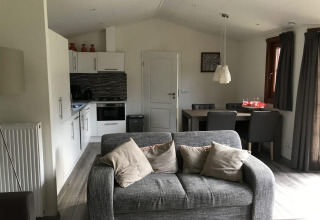 Sala de estar con sofá gris, cocina y comedor en la cabaña Boekhorst 4 de De Achterhoek, Países Bajos.