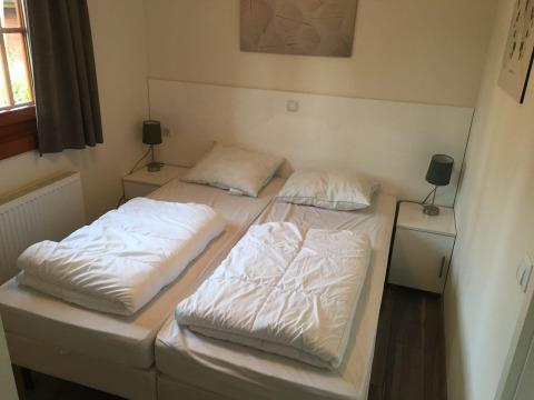 Ein Zimmer in der Boekhorst 4 Lodge in De Achterhoek, Niederlande, mit zwei Einzelbetten und moderner Dekoration.