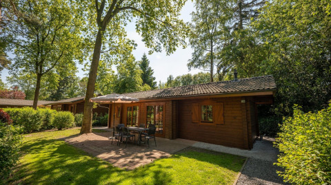 Vista soleada del lodge Boekhorst 6 de madera, rodeado de árboles, terraza exterior con mesa y sillas.
