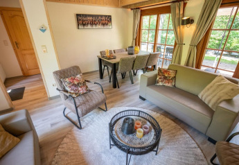 Knusse woonkamer in Boekhorst 6 bij De Achterhoek, Nederland, met eigentijds meubilair en grote raampartijen