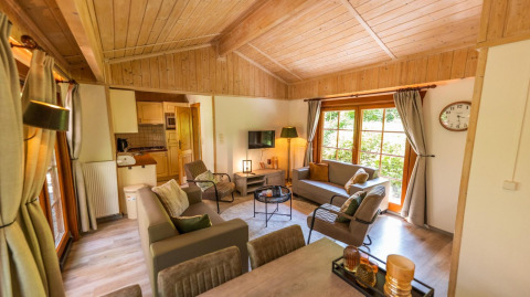 Salon chaleureux du lodge Boekhorst 6 à De Achterhoek, Pays-Bas, avec intérieur en bois et grandes fenêtres.