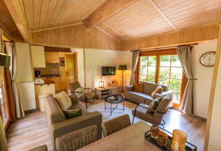 Salon chaleureux du lodge Boekhorst 6 à De Achterhoek, Pays-Bas, avec intérieur en bois et grandes fenêtres.