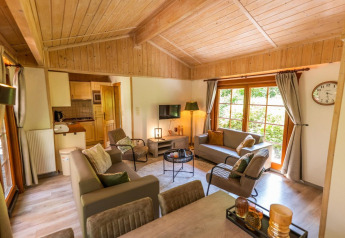 Knusse woonkamer van Boekhorst 6 lodge bij De Achterhoek, Nederland, met veel hout en comfortabele zetels.