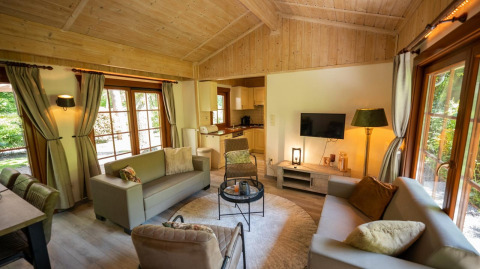 Salon chaleureux du lodge Boekhorst 6 à De Achterhoek, Pays-Bas, avec grandes fenêtres et ambiance boisée.