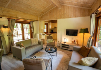 Knusse zithoek in Boekhorst 6 lodge in De Achterhoek, Nederland, met een warme uitstraling en zicht op groen.