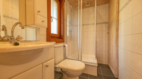 Salle de bain du lodge Boekhorst 6 à De Achterhoek, Pays-Bas, avec douche, toilettes et lavabo.
