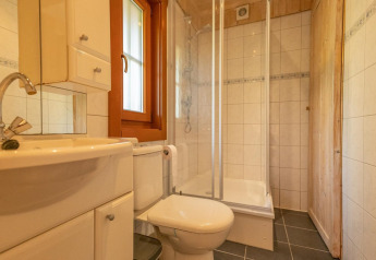 Badkamer in lodge Boekhorst 6 te De Achterhoek, Nederland, met moderne douche, toilet en wastafel.