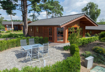 Foto van een knusse houten lodge met tuin, betegeld terras en tuinmeubilair in een groene omgeving.