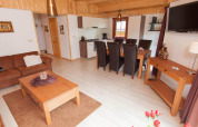 Soggiorno di lodge moderno con cucina a vista, tavolo da pranzo, divano e accenti in legno.