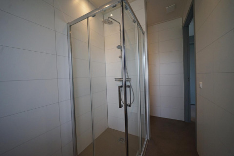 Ducha moderna con puertas de cristal en la cabaña Mode 6 de De Achterhoek, Países Bajos, azulejos claros.