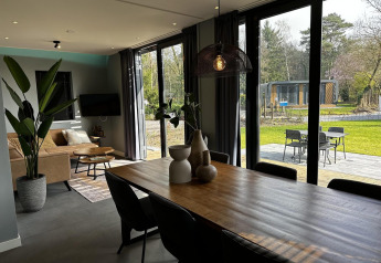 Moderne leefruimte in Modus Sauna 4 bij De Achterhoek, Nederland, met zicht op tuin en buitenzitje.