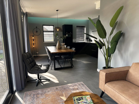 Moderne woon- en eetruimte in Modus Sauna 4 lodge bij De Achterhoek, Nederland, met stijlvolle inrichting.