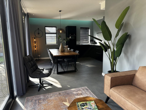 Modernes Wohnzimmer und Essbereich in der Modus Sauna 4 Lodge bei De Achterhoek, Niederlande, mit stilvoller Einrichtung.