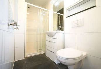 Moderne og kompakt badeværelse med brusekabine, toilet og håndvask ved Pavilion 4, De Achterhoek, Holland.