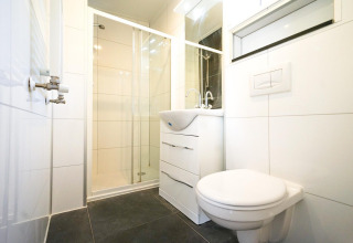 Moderne og kompakt badeværelse med brusekabine, toilet og håndvask ved Pavilion 4, De Achterhoek, Holland.