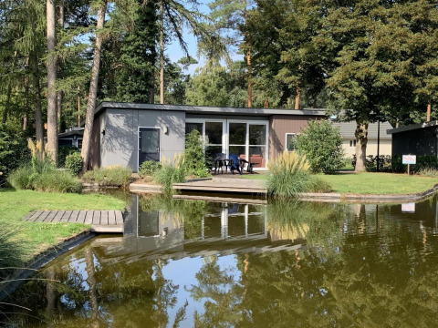 Pavillon 4 im De Achterhoek, Niederlande, moderne Lodge am Wasser mit Terrasse und viel Grün.