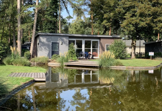 Pavillon 4 im De Achterhoek, Niederlande, moderne Lodge am Wasser mit Terrasse und viel Grün.