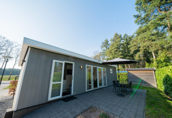 Moderne pavillon med terrasse og parasol ved De Achterhoek, omgivet af træer, klar himmel, Holland.