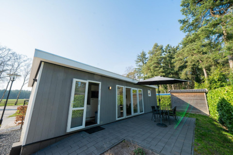 Paviljoen 4 in De Achterhoek, Nederland, met terras en parasol, omgeven door bosrijke natuur.