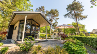 Lodge Tiny House 4 avec grandes fenêtres et terrasse sous parasol, entourée d’arbres et de verdure.