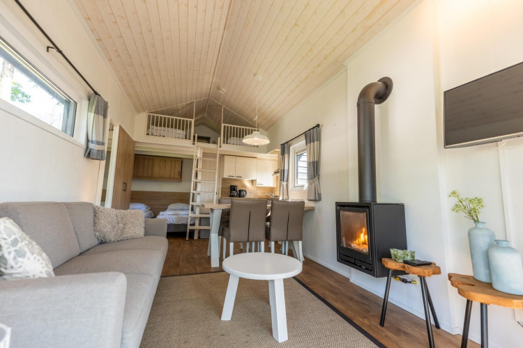 Modernes Interieur von Tiny House 4 in De Achterhoek, Niederlande, mit Kamin und Schlafboden.