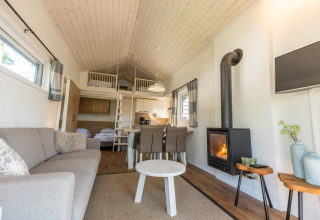 Modernes Interieur von Tiny House 4 in De Achterhoek, Niederlande, mit Kamin und Schlafboden.