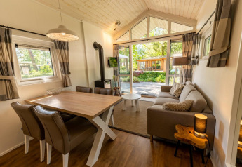 Lyst interiør i en lodge kaldet Tiny House 4 på De Achterhoek i Holland, med udsigt til haven.