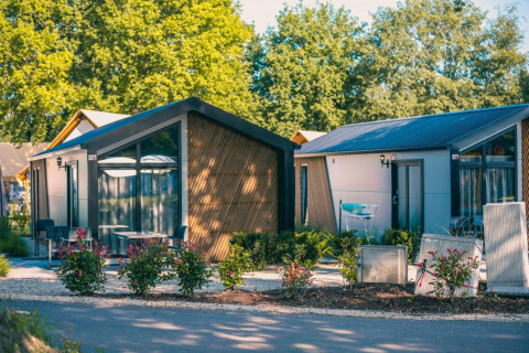 Lodges modernos en Berkel, Kaatsheuvel, Países Bajos, rodeados de árboles verdes y plantas coloridas.