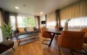 Modern lodge living area with large windows, comfortable sofa, round dining table, and greenery decor.