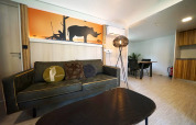 Living room in a cottage at Kaatsheuvel, Netherlands, with sofa, coffee table, and rhino wall art.