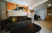 Woonkamer in een cottage in Kaatsheuvel, Nederland, met bank, tafel en kunstwerk van neushoorn.