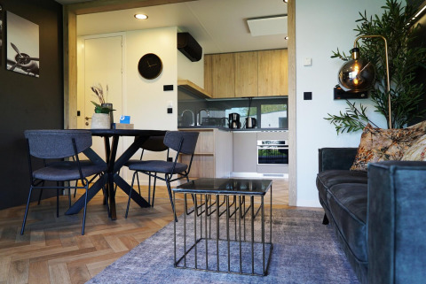 Modern lodge living room and kitchen at Domus in Kaatsheuvel, Netherlands, with stylish minimalist decor.