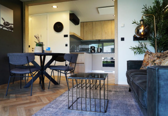 Salón y cocina modernos de lodge en Domus, Kaatsheuvel, Países Bajos, con decoración minimalista elegante.