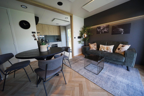 Modern living room and kitchen at Domus lodge in Kaatsheuvel, Netherlands, featuring stylish decor.
