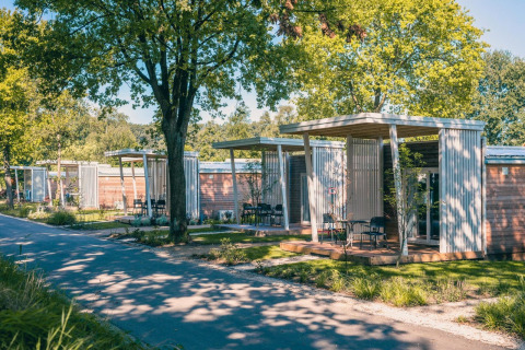 Moderni lodge Tiny Cottage con terrazze esterne sotto gli alberi in un ambiente naturale e soleggiato.