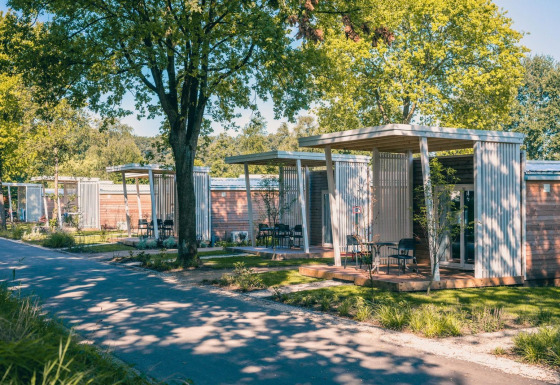 Moderne Tiny Cottage-lodges med terrasser under træer i naturlige omgivelser på en solrig dag.