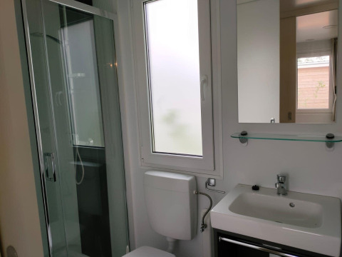 Baño en Tiny Cottage Kaatsheuvel con ducha, inodoro, lavabo, ventana y espejo sobre estante de vidrio.