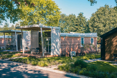 Moderne Tiny Cottage-lodges i Kaatsheuvel, Holland, omringet af grønne træer og velplejede haver.