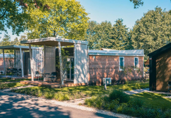 Moderne Tiny Cottage-lodges i Kaatsheuvel, Holland, omringet af grønne træer og velplejede haver.