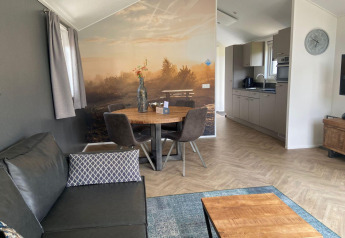 Moderne Velthorst lodge in Kaatsheuvel, Nederland, met gezellige woonkamer, keuken en natuurmuurschildering.