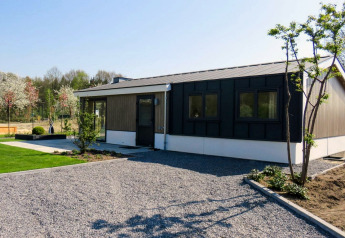 Chalet Velthorst a Kaatsheuvel, Paesi Bassi, casa moderna con vialetto di ghiaia e prato verde.